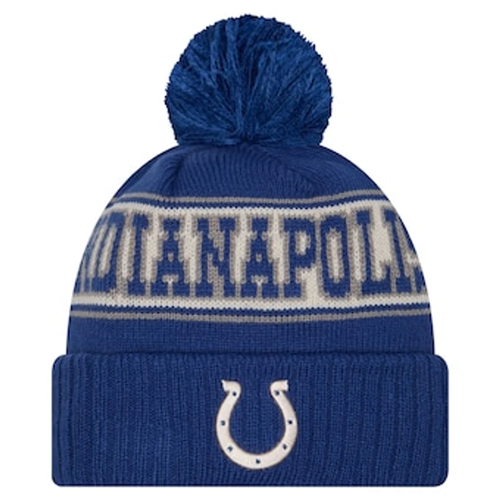 Youth New Era Royal Indianapolis Colts Retro Cuffed Knit Hat with Pom