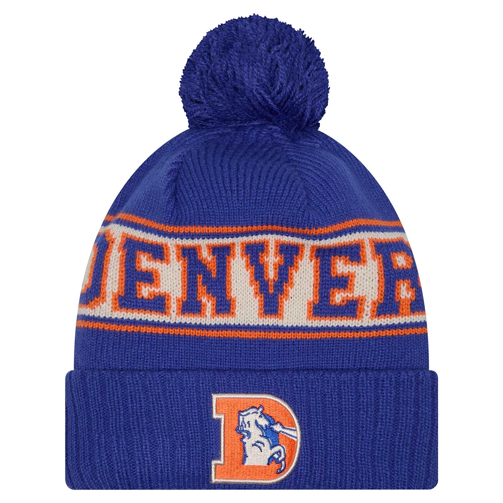 Youth New Era Royal Denver Broncos Retro Cuffed Knit Hat with Pom