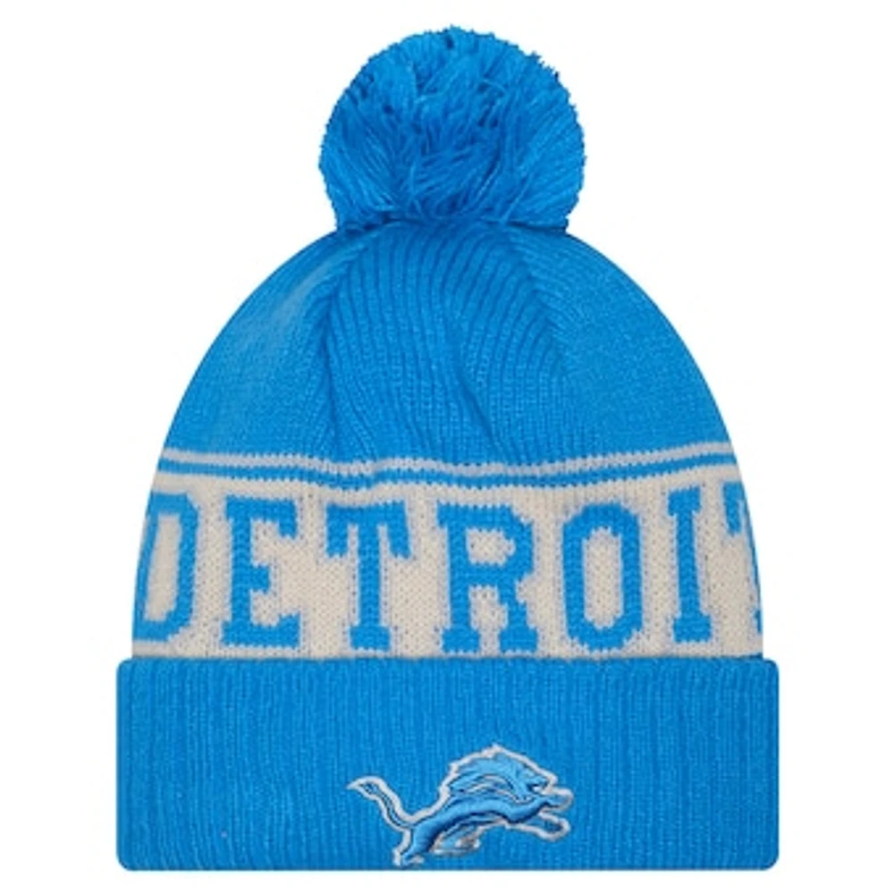 Youth New Era Blue Detroit Lions Retro Cuffed Knit Hat with Pom