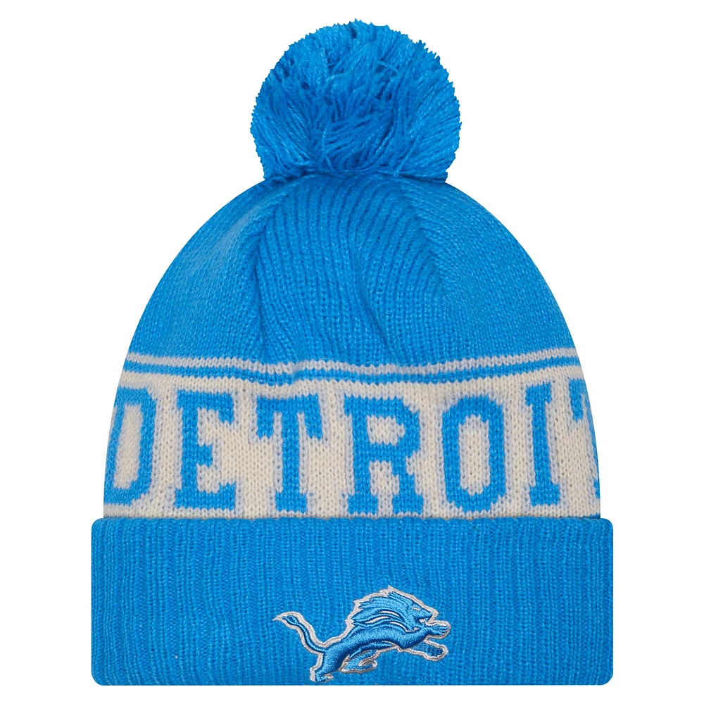 Youth New Era Blue Detroit Lions Retro Cuffed Knit Hat with Pom