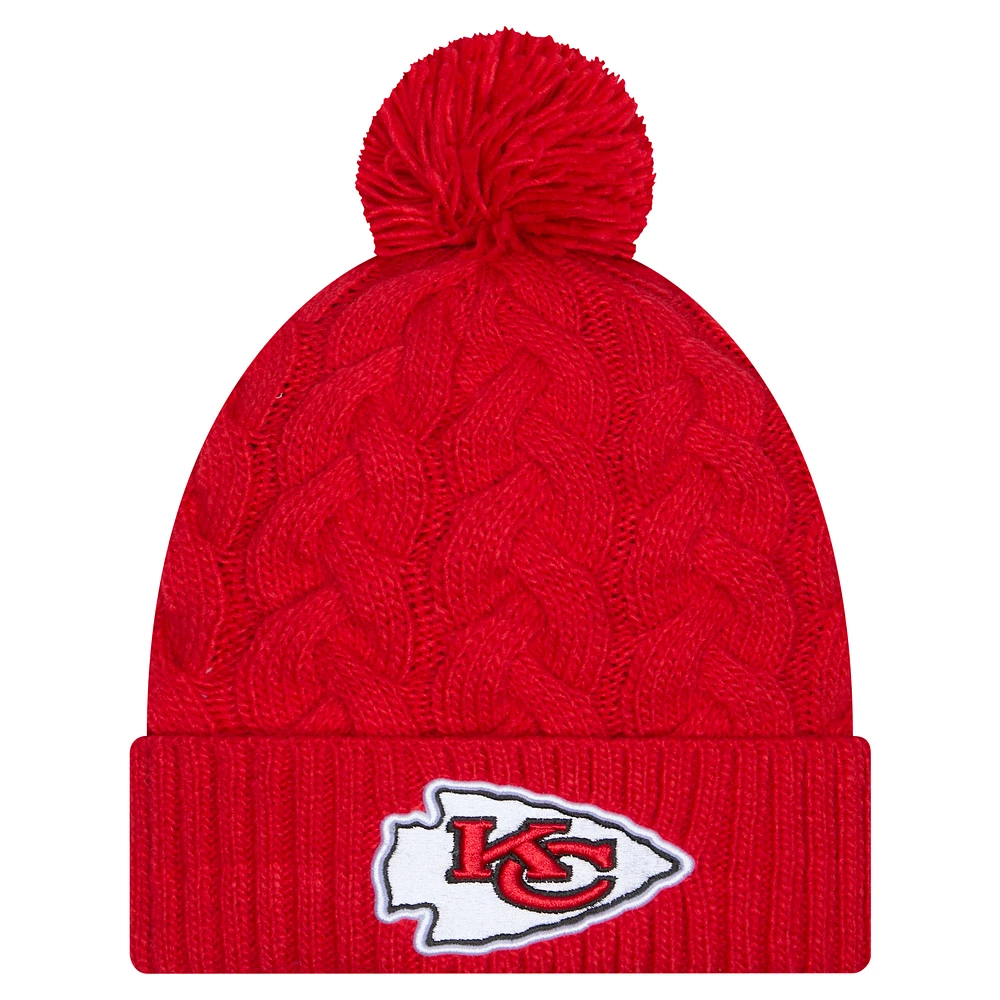 Girls Youth New Era  Red Kansas City Chiefs Cabled Cuffed Knit Hat with Pom