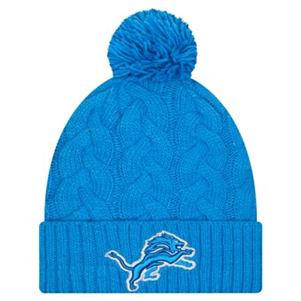 Girls Youth New Era  Blue Detroit Lions Cabled Cuffed Knit Hat with Pom