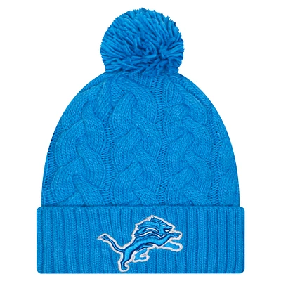 Girls Youth New Era  Blue Detroit Lions Cabled Cuffed Knit Hat with Pom