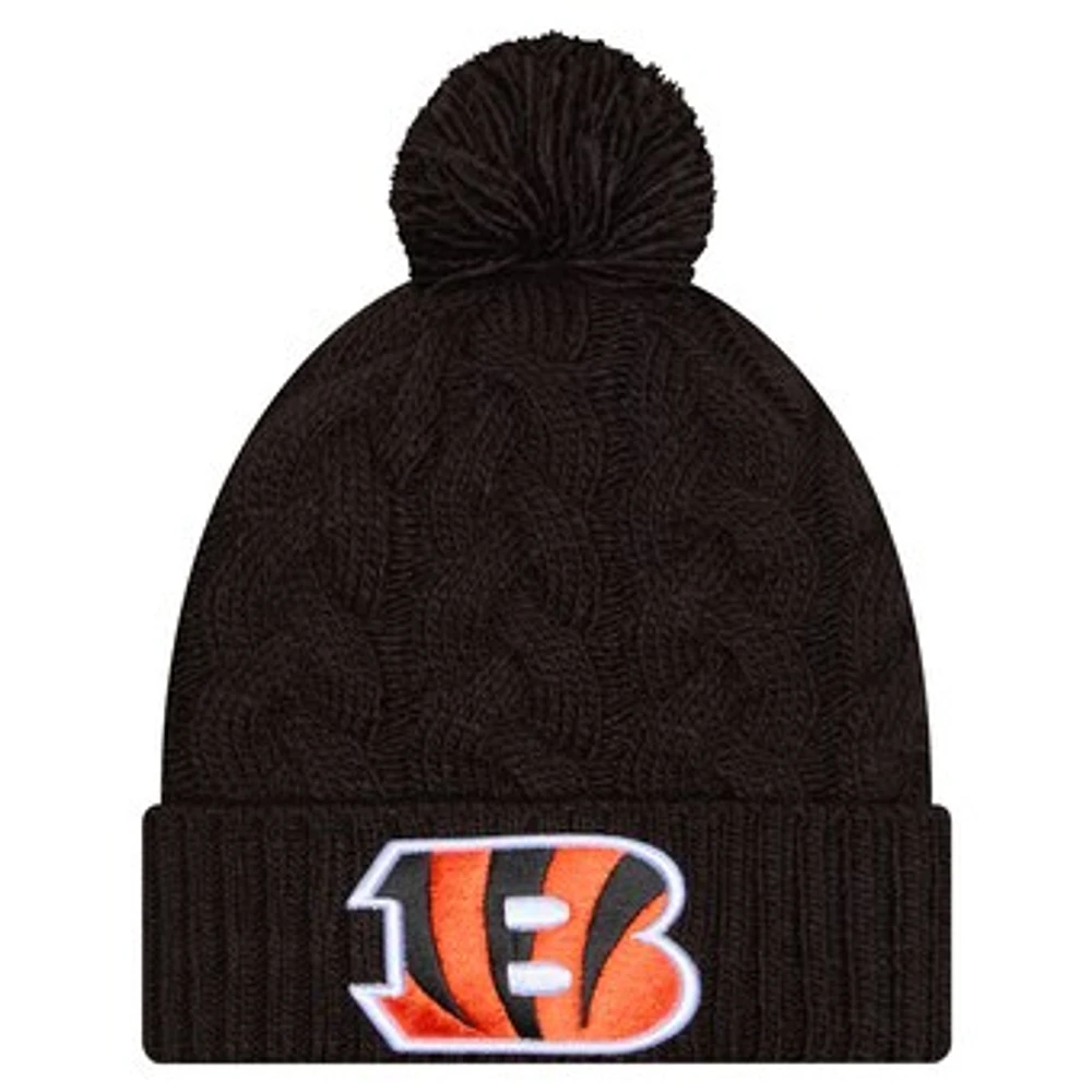 Girls Youth New Era  Black Cincinnati Bengals Cabled Cuffed Knit Hat with Pom