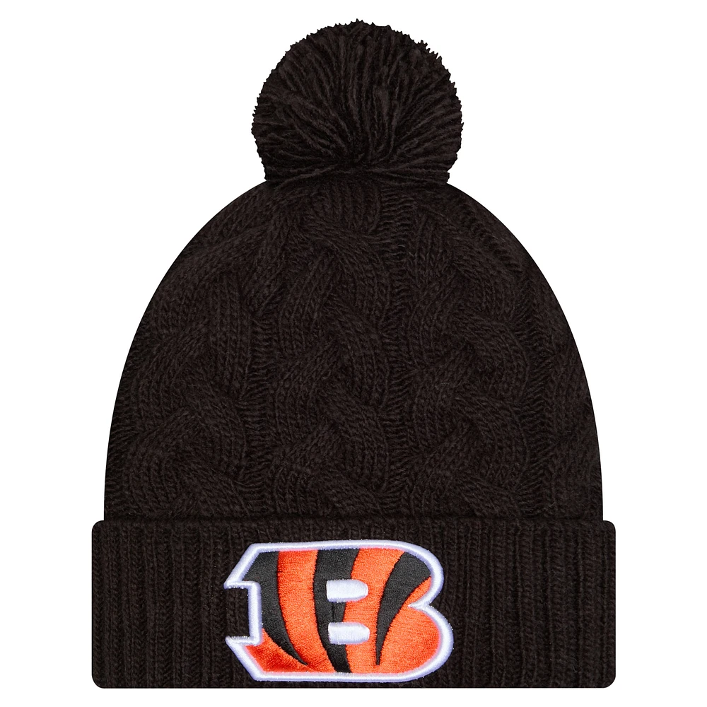 Girls Youth New Era  Black Cincinnati Bengals Cabled Cuffed Knit Hat with Pom