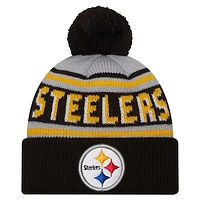 Youth New Era Black Pittsburgh Steelers Main Cuffed Knit Hat with Pom