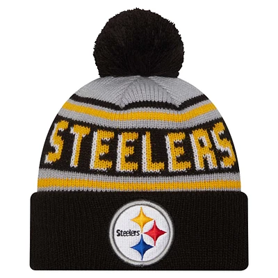 Youth New Era Black Pittsburgh Steelers Main Cuffed Knit Hat with Pom