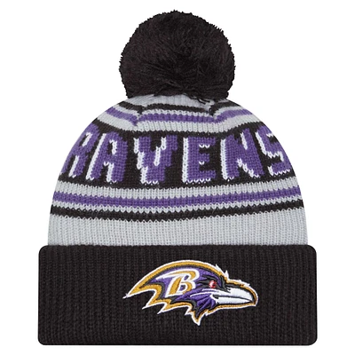 Youth New Era Black Baltimore Ravens Main Cuffed Knit Hat with Pom