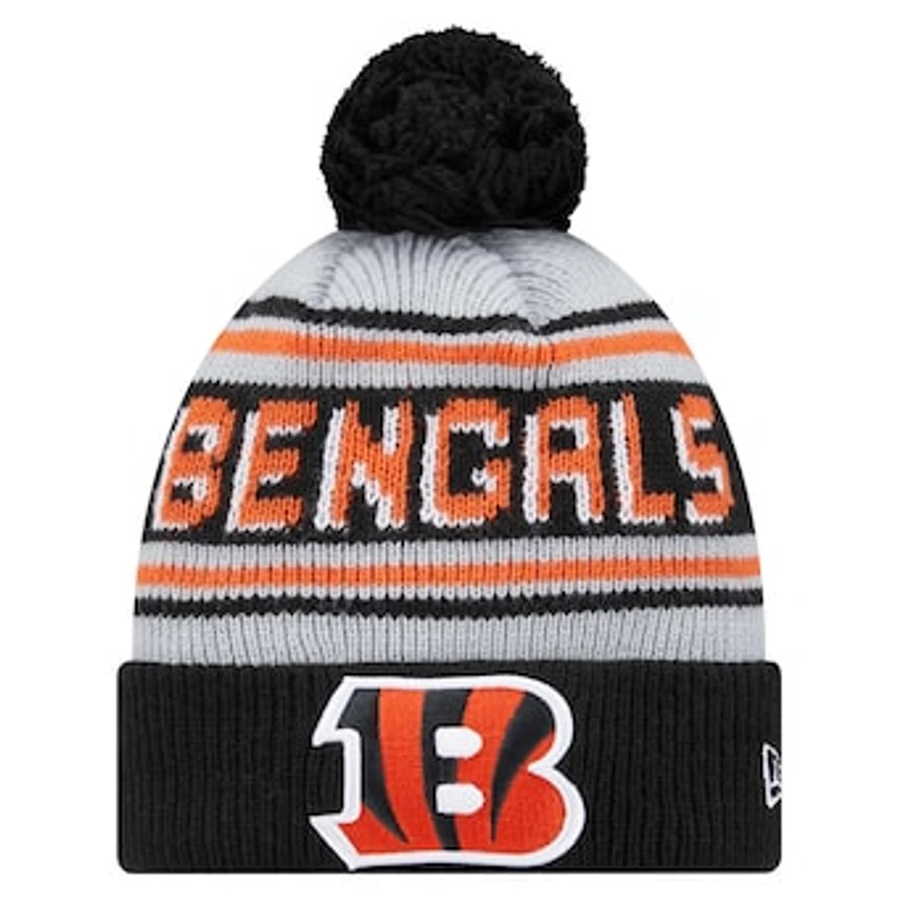 Youth New Era Black Cincinnati Bengals Main Cuffed Knit Hat with Pom