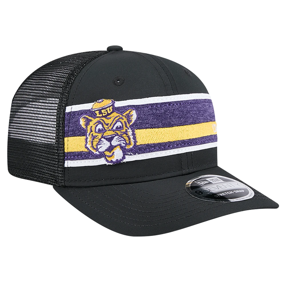 Men's New Era Black/Purple LSU Tigers Striped 9SEVENTY Trucker Stretch-Snap Adjustable Hat