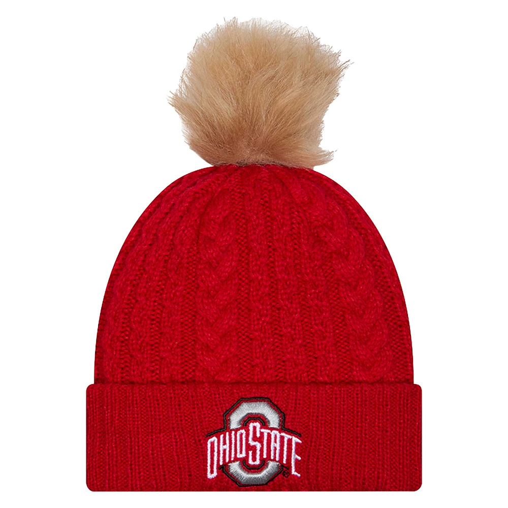 Women's New Era  Scarlet Ohio State Buckeyes Luxury Cuffed Knit Hat with Pom