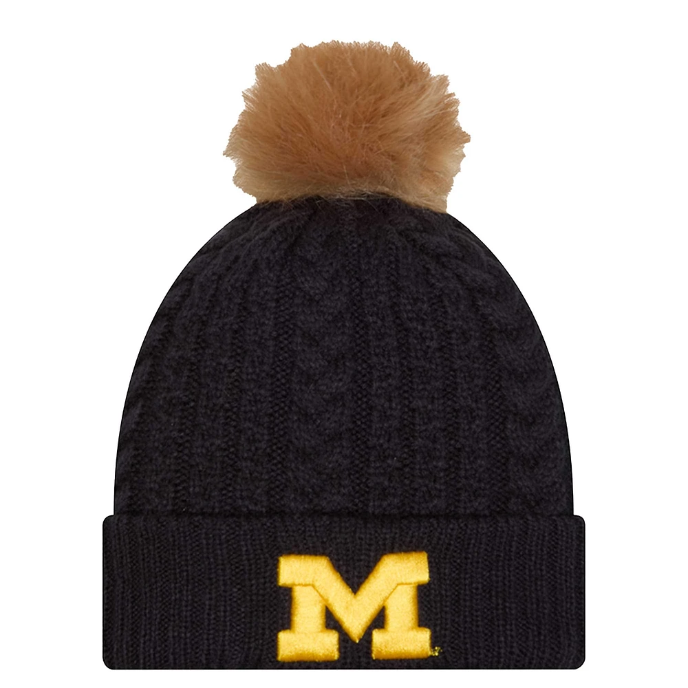 Women's New Era  Navy Michigan Wolverines Luxury Cuffed Knit Hat with Pom