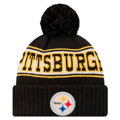 Men's New Era Black Pittsburgh Steelers Retro Cuffed Knit Hat with Pom