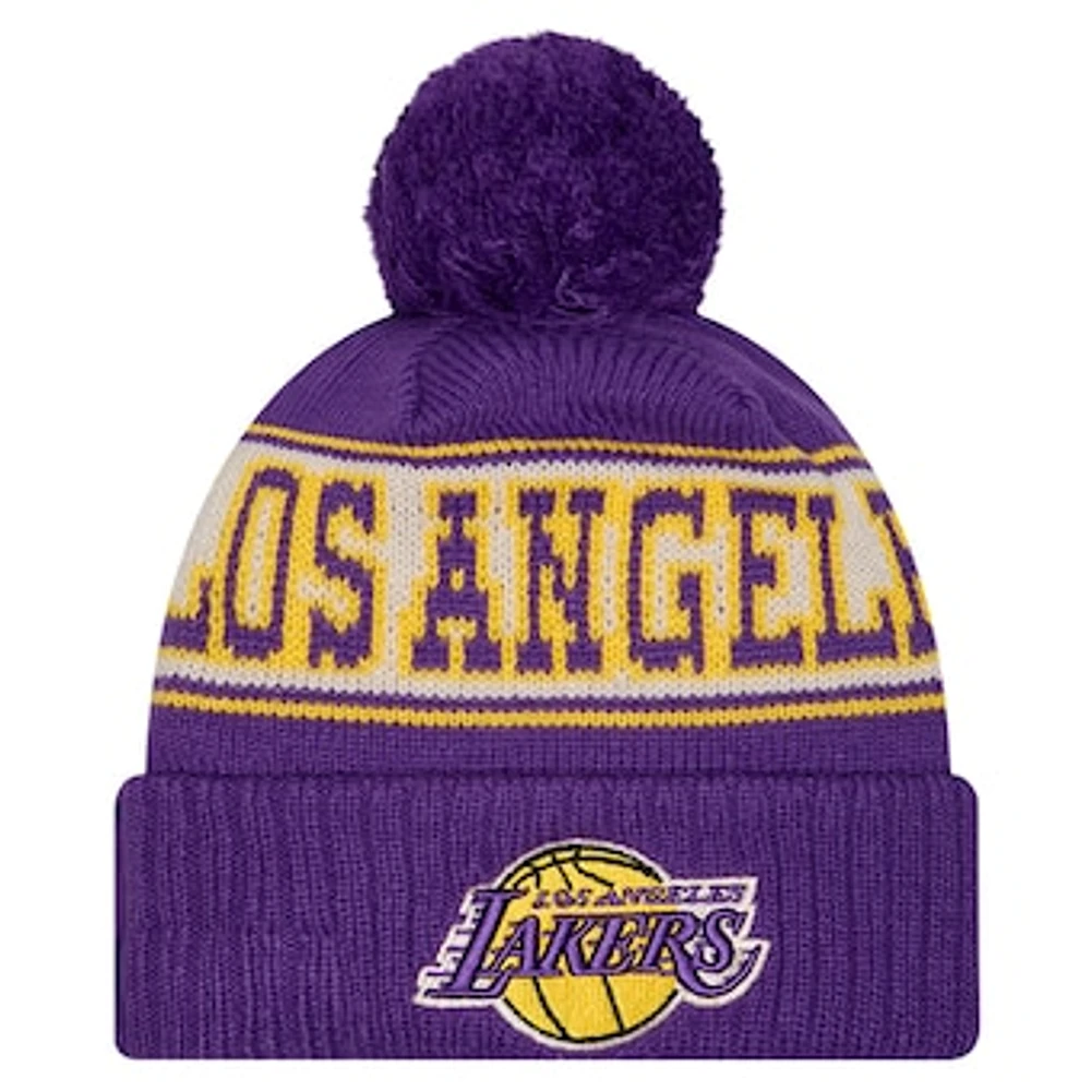 Men's New Era Purple Los Angeles Lakers Throwback Retro Cuffed Knit Hat with Pom