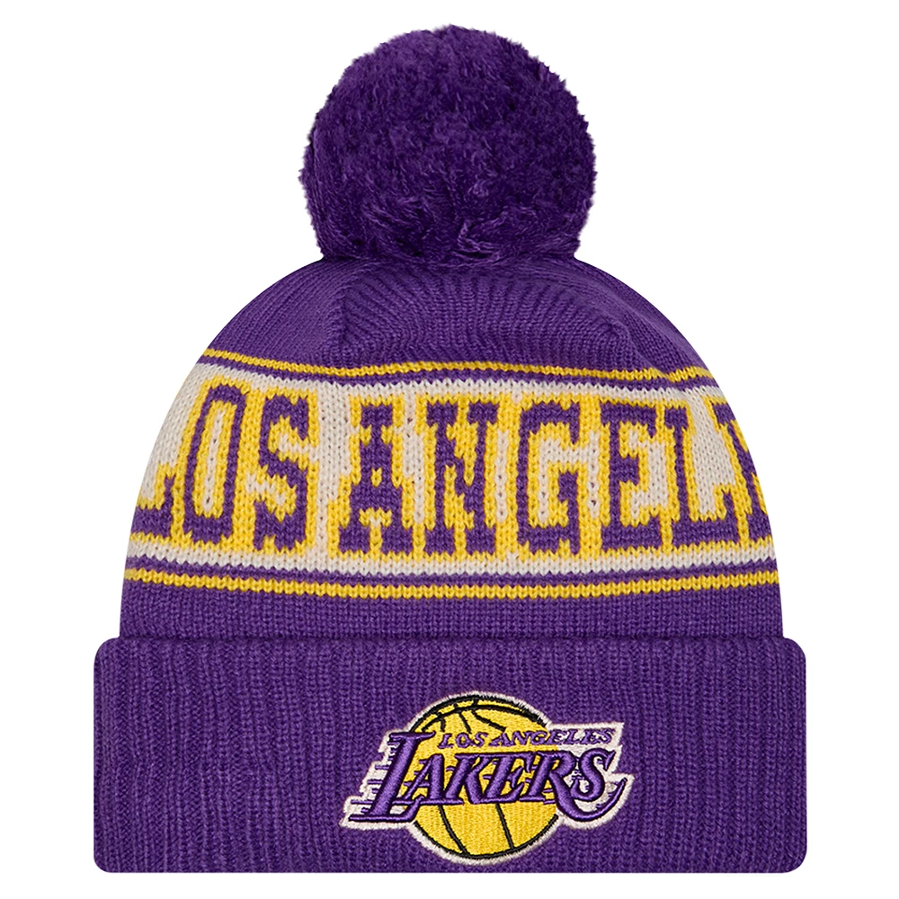 Men's New Era Purple Los Angeles Lakers Throwback Retro Cuffed Knit Hat with Pom