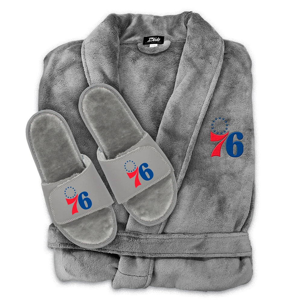Unisex ISlide Gray Philadelphia 76ers Faux Fur Slide Sandals & Robe Bundle