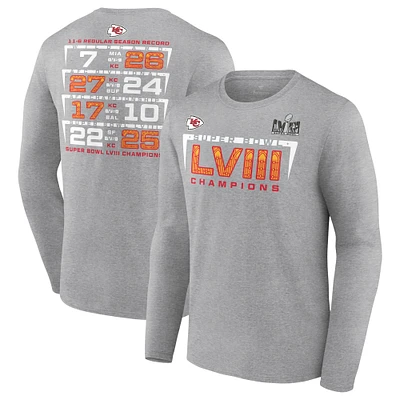 Men's Fanatics Heather Charcoal Kansas City Chiefs Super Bowl LVIII Champions Counting Points Score Long Sleeve T-Shirt