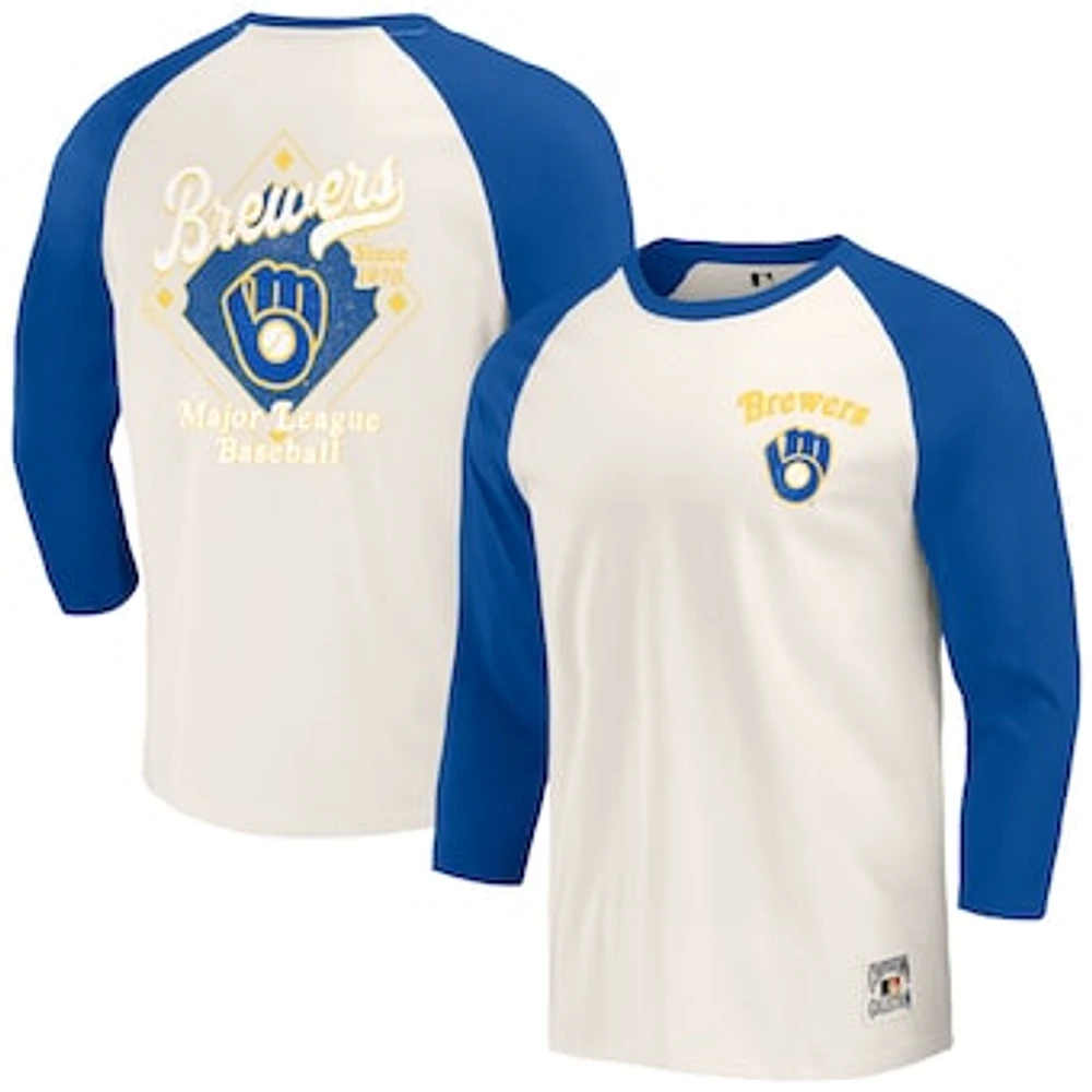 Men's Darius Rucker Collection by Fanatics Royal/White Milwaukee Brewers Cooperstown Collection Raglan 3/4-Sleeve T-Shirt