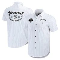 Men's Darius Rucker Collection by Fanatics White Milwaukee Brewers Pin Stripe Short Sleeve Button-Up Shirt