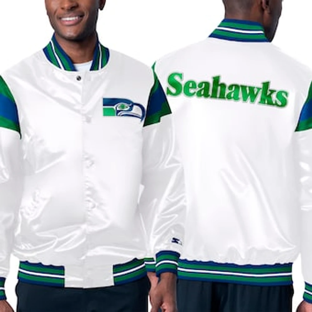 Men's Starter White Seattle Seahawks Throwback Satin Full-Snap Varsity Jacket