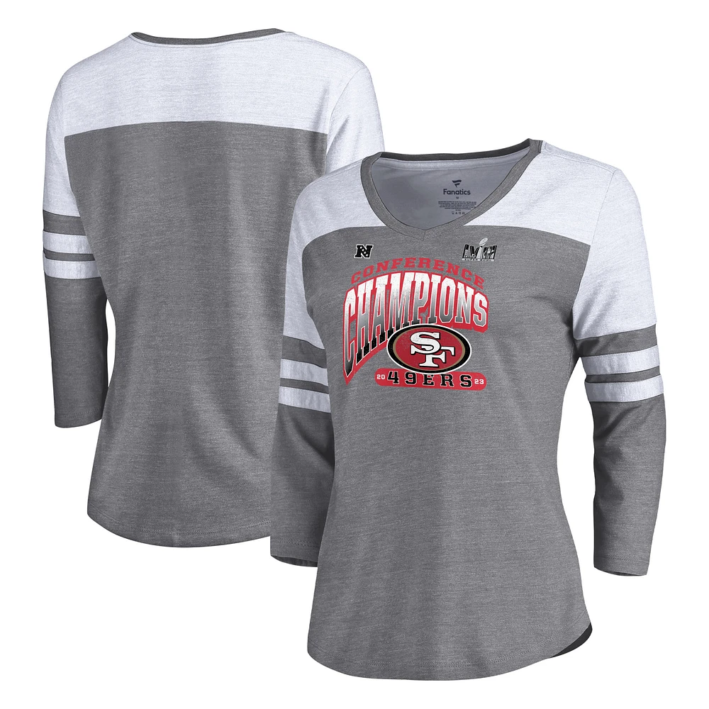 Women's Fanatics Heather Gray San Francisco 49ers 2023 NFC Champions Hail Mary Tri-Blend 3/4-Sleeve V-Neck T-Shirt