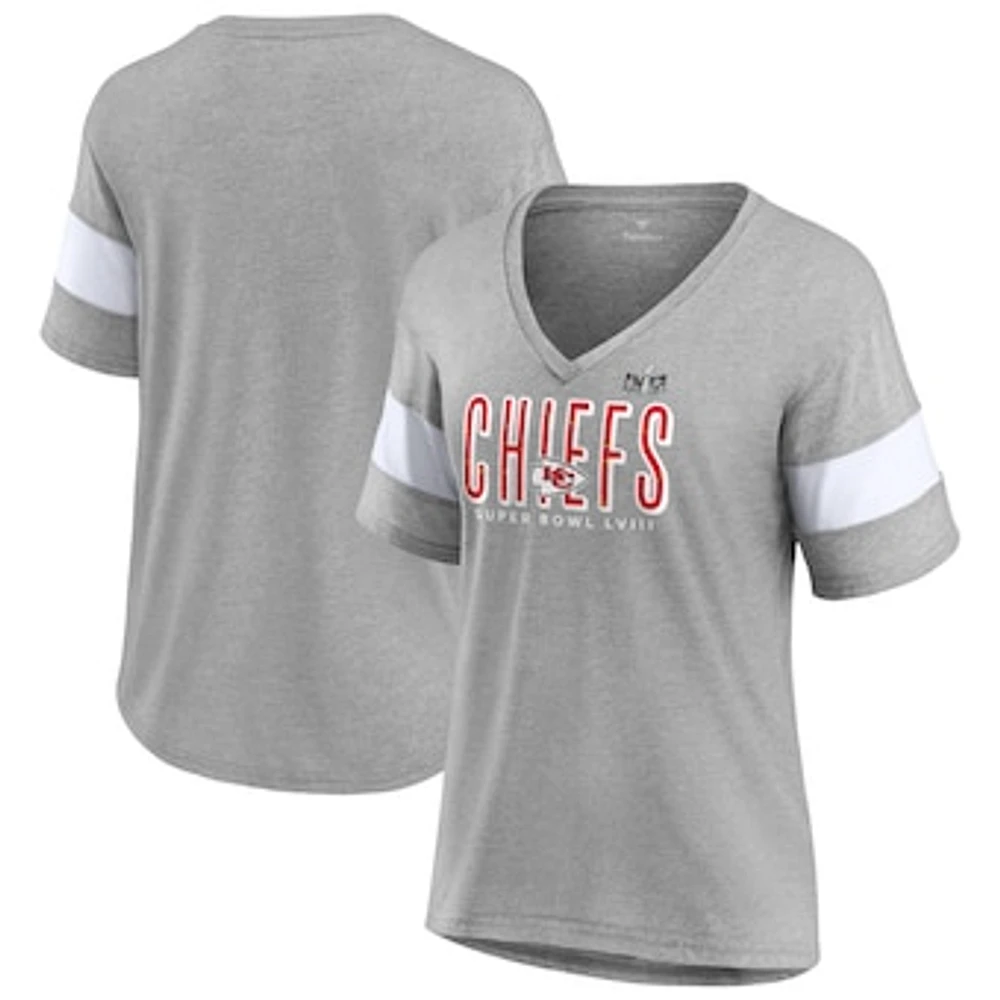 Women's Fanatics  Heather Gray Kansas City Chiefs Super Bowl LVIII Cheer Section Tri-Blend V-Neck Fashion T-Shirt