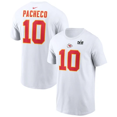 Men's Nike Isiah Pacheco White Kansas City Chiefs Super Bowl LVIII Patch Player Name & Number T-Shirt