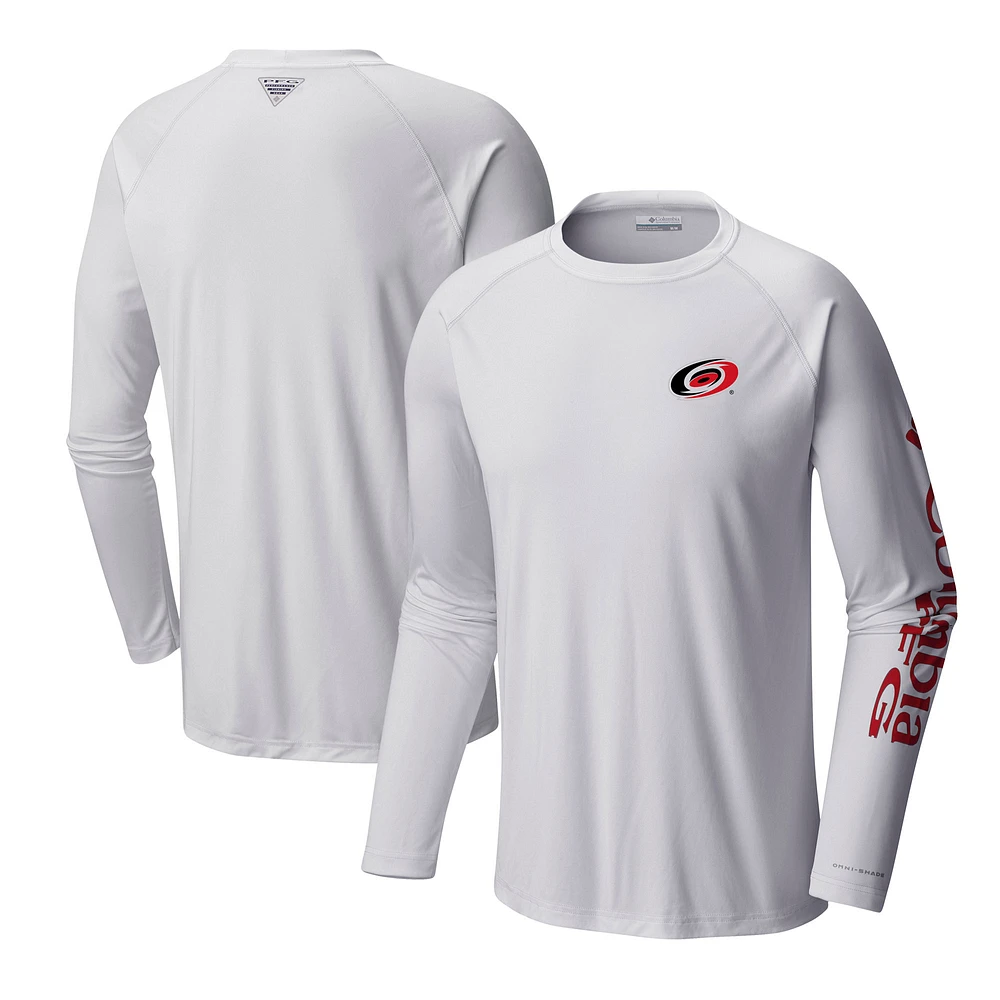 Men's  Columbia White Carolina Hurricanes Terminal Tackle Omni-Shade Raglan Long Sleeve T-Shirt