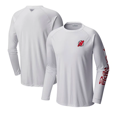 Men's  Columbia White New Jersey Devils Terminal Tackle Omni-Shade Raglan Long Sleeve T-Shirt