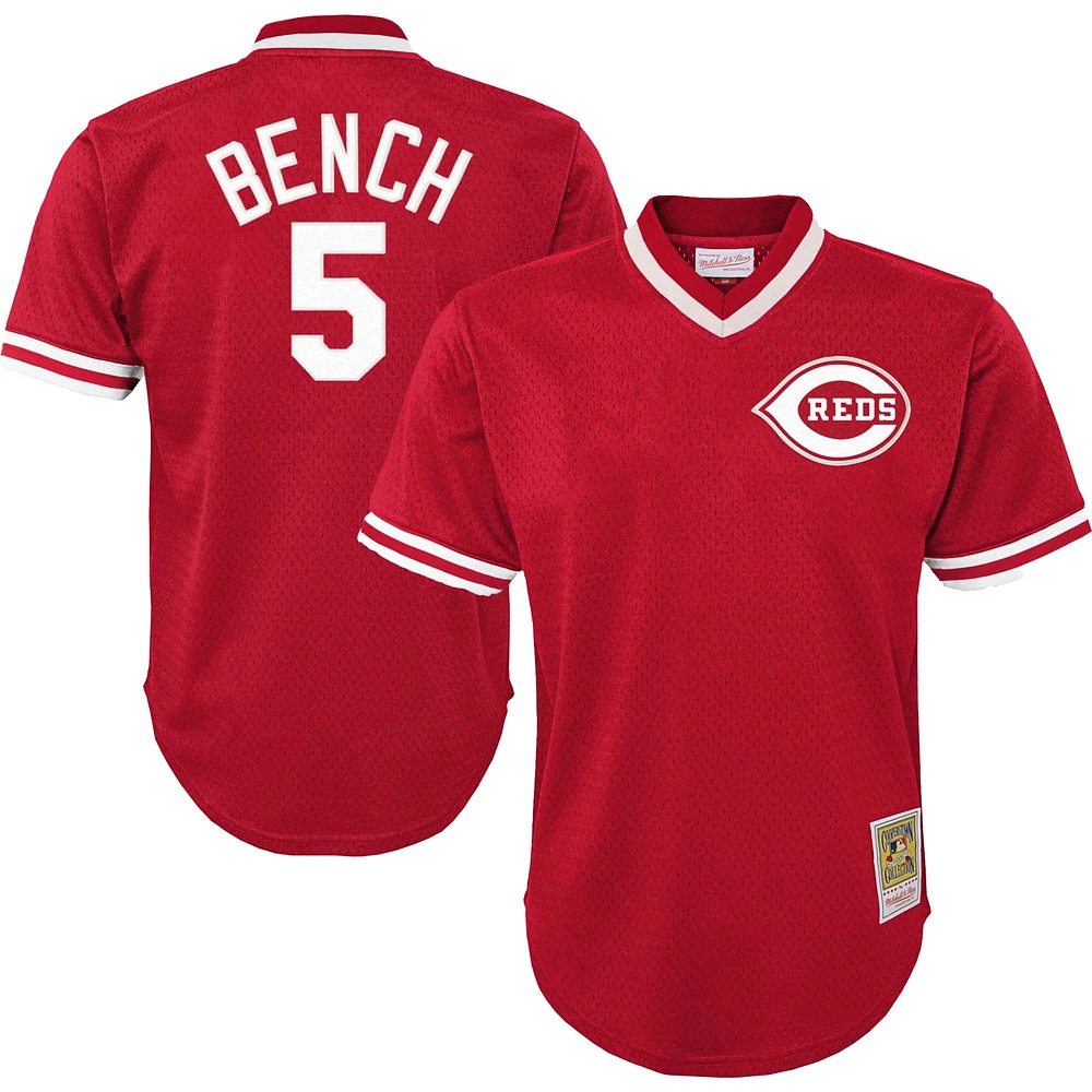Youth Mitchell & Ness Johnny Bench Red Cincinnati Reds Cooperstown Collection Mesh Batting Practice Jersey