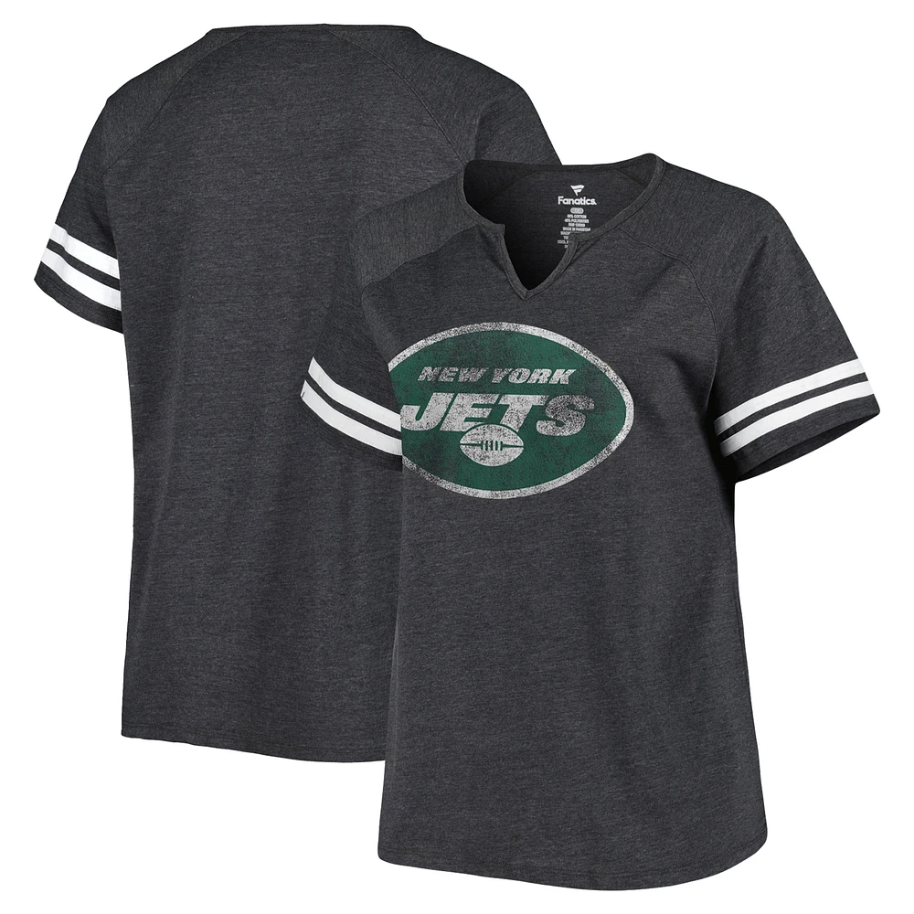 Women's Fanatics Heather Charcoal New York Jets Plus Raglan Notch Neck T-Shirt