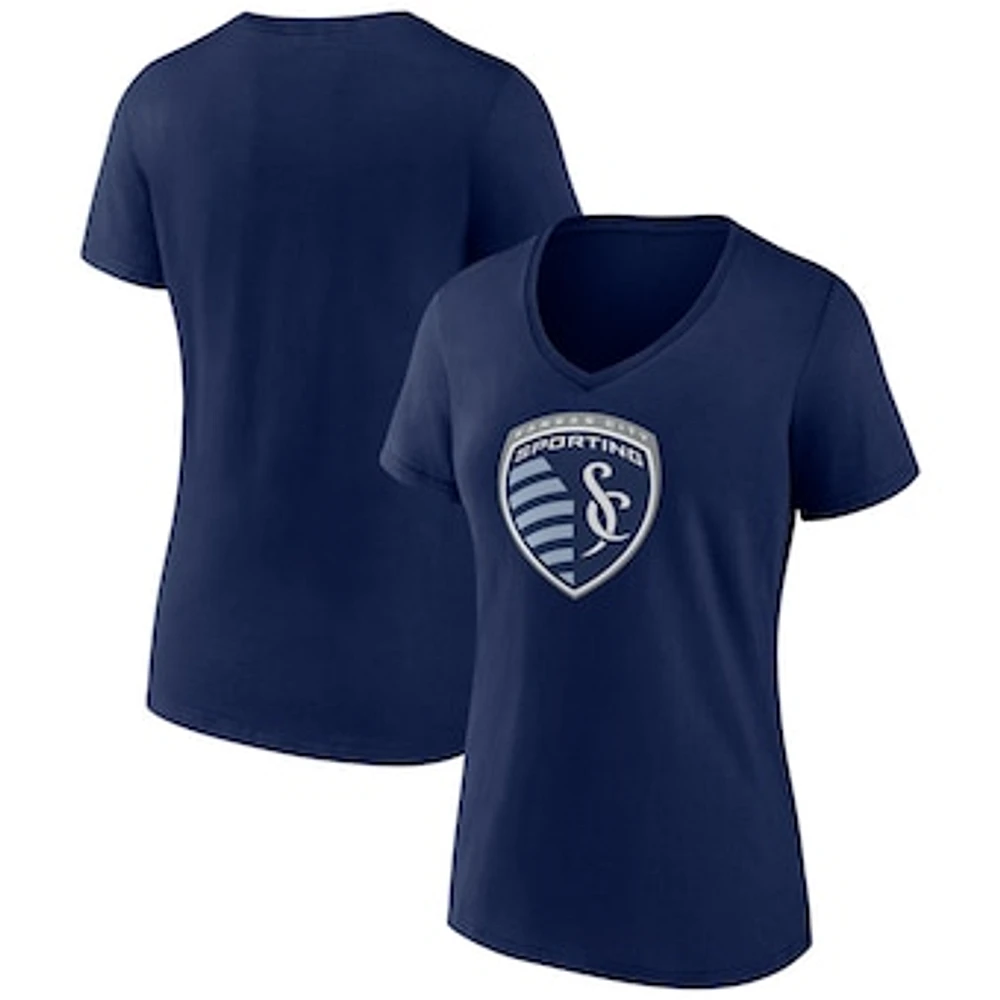 Women's Fanatics Navy Sporting Kansas City Logo V-Neck T-Shirt