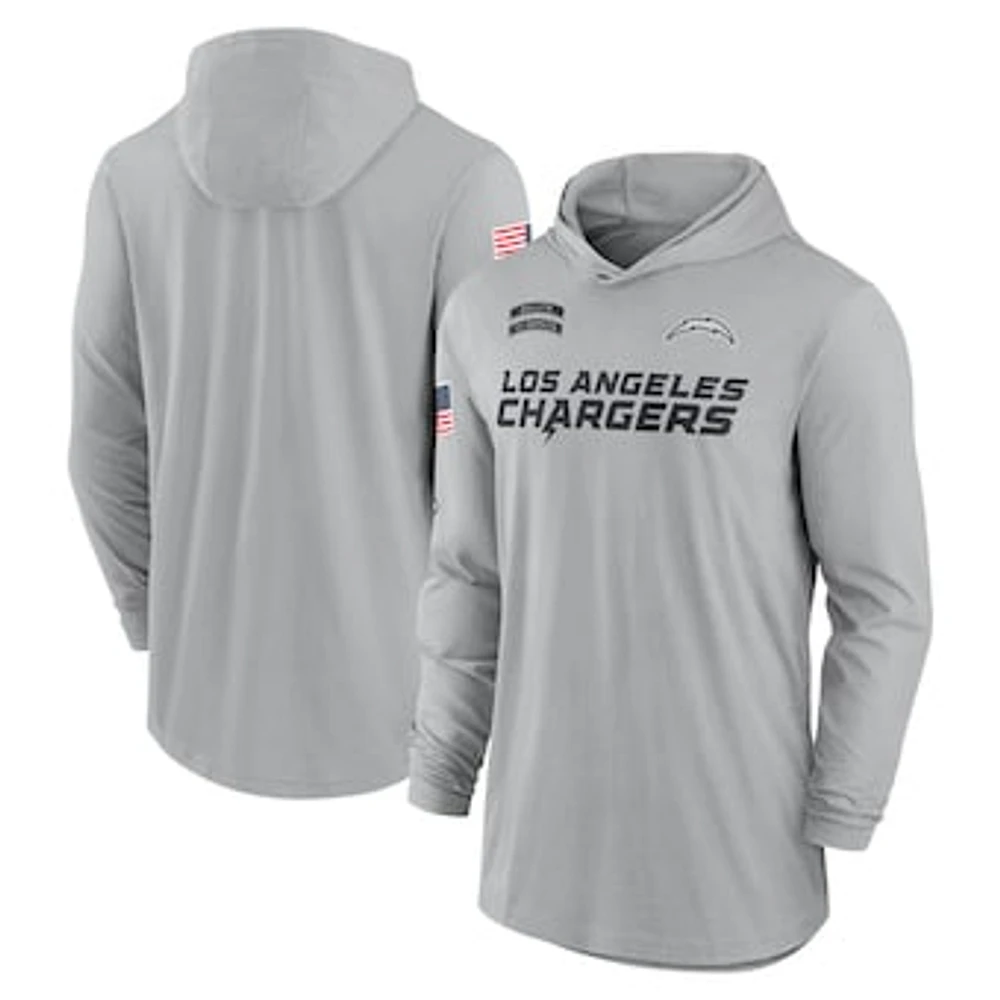 Men's Nike Gray Los Angeles Chargers 2024 Salute to Service Lightweight Performance Long Sleeve Hooded T-Shirt