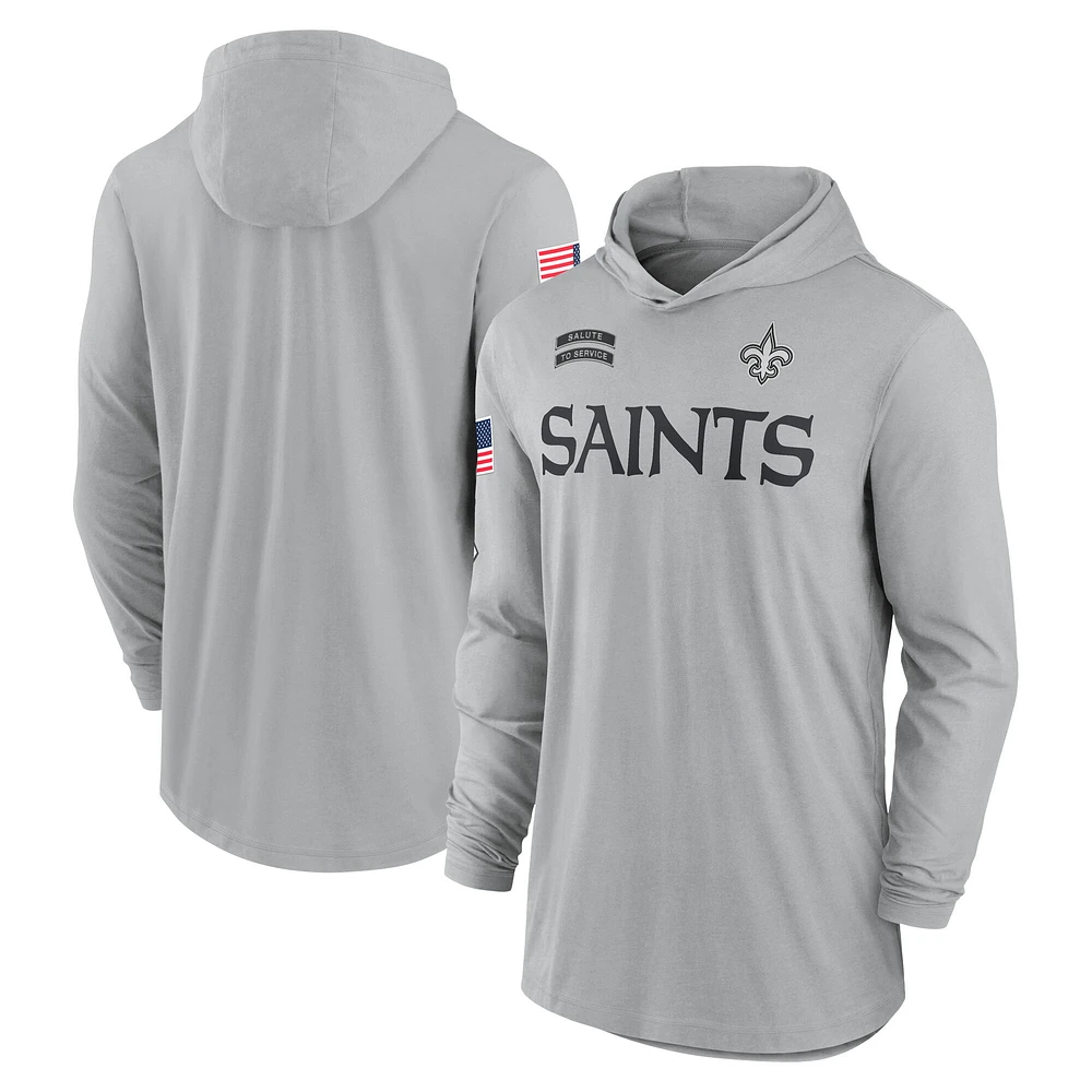 Men's Nike Gray New Orleans Saints 2024 Salute to Service Lightweight Performance Long Sleeve Hooded T-Shirt