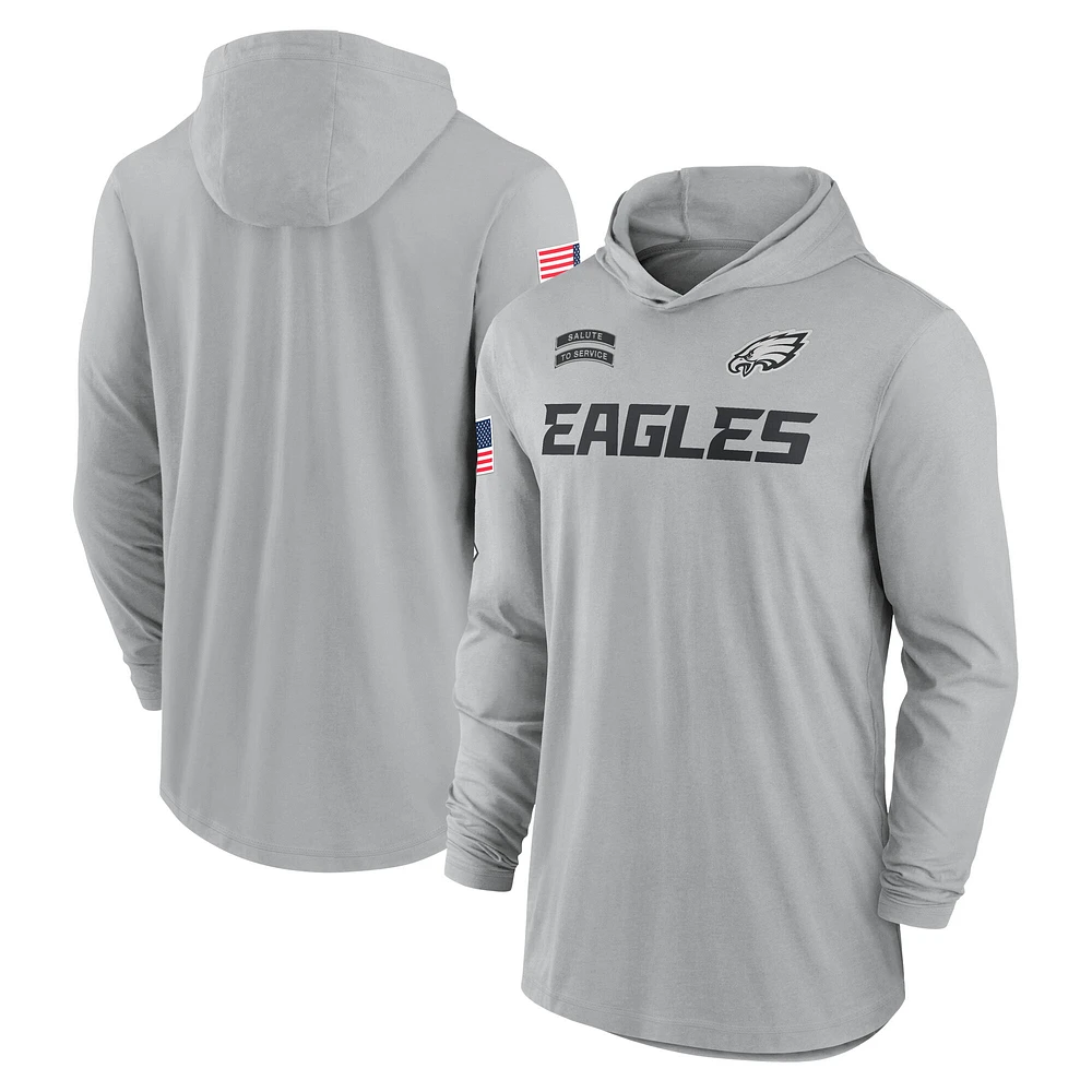 Men's Nike Gray Philadelphia Eagles 2024 Salute to Service Lightweight Performance Long Sleeve Hooded T-Shirt