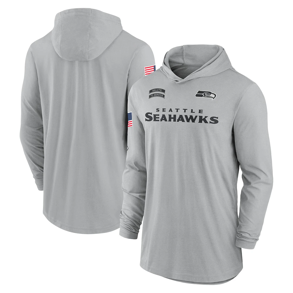 Men's Nike Gray Seattle Seahawks 2024 Salute to Service Lightweight Performance Long Sleeve Hooded T-Shirt