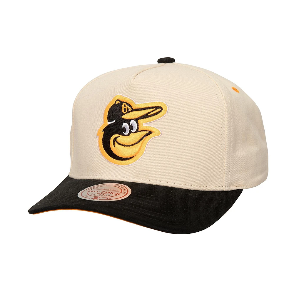 Men's Mitchell & Ness Cream Baltimore Orioles Overspray Pro Pinch Snapback Hat