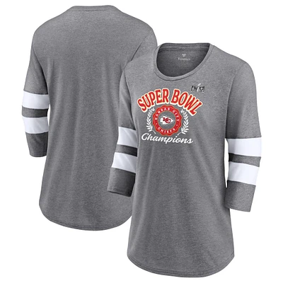 Women's  Heather Gray Kansas City Chiefs Super Bowl LVIII Champions Written Script Tri-Blend 3/4-Sleeve T-Shirt
