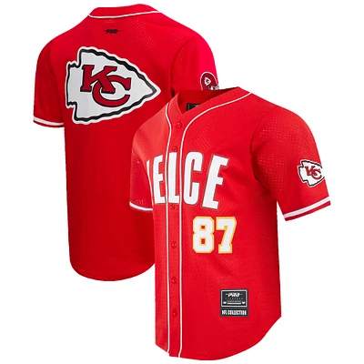 Men's Pro Standard Travis Kelce Red Kansas City Chiefs Mesh Button-Up Baseball Jersey