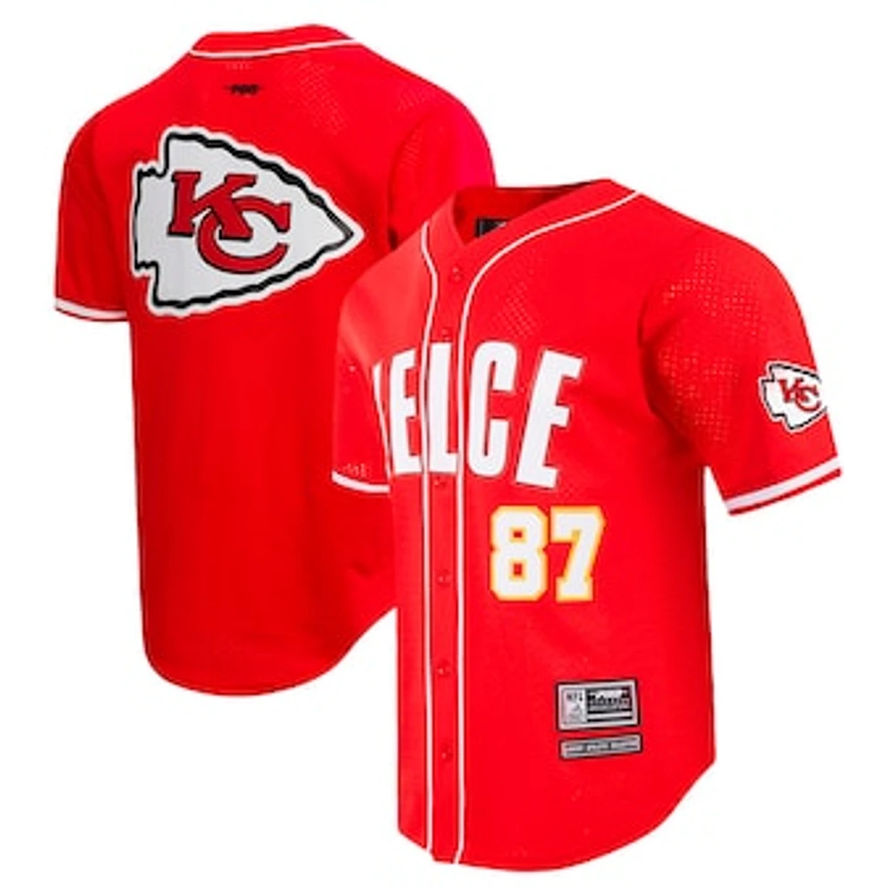 Men's Pro Standard Travis Kelce Red Kansas City Chiefs Mesh Button-Up Baseball Jersey