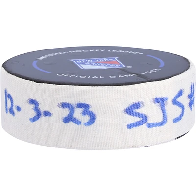 Ryan Carpenter San Jose Sharks Game-Used Goal Puck From December 3, 2023 vs. New York Rangers