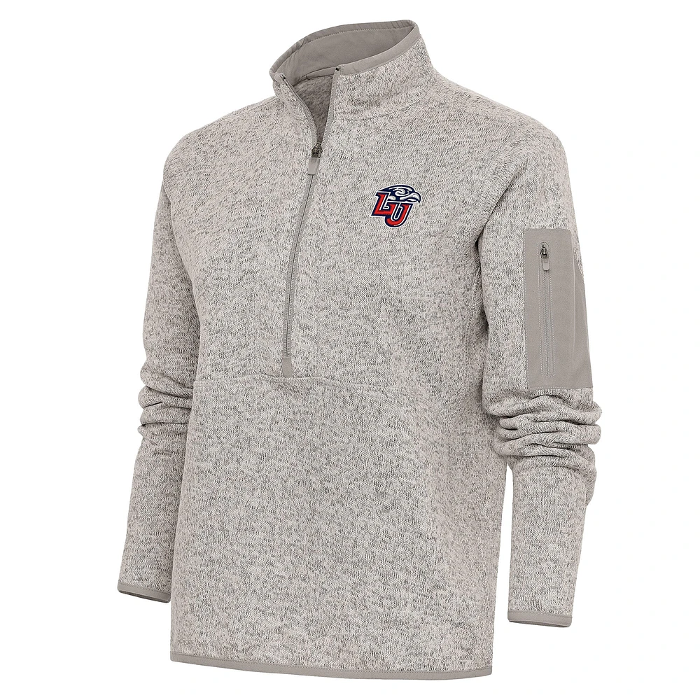 Women's Antigua Oatmeal Liberty Flames Fortune Half-Zip Pullover Top