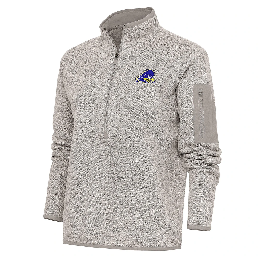 Women's Antigua Oatmeal Delaware Fightin' Blue Hens Fortune Half-Zip Pullover Top