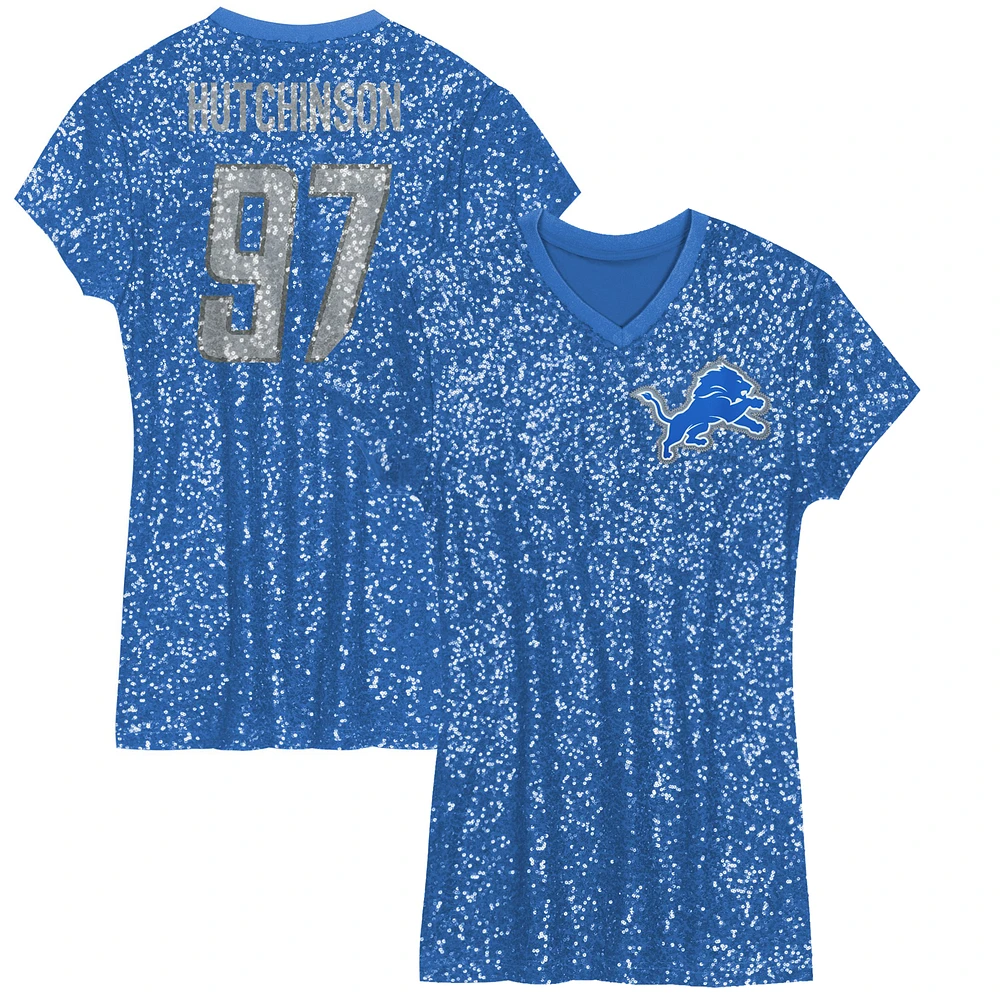 Girls Youth Aidan Hutchinson Blue Detroit Lions Sequin Player Name & Number V-Neck Dress