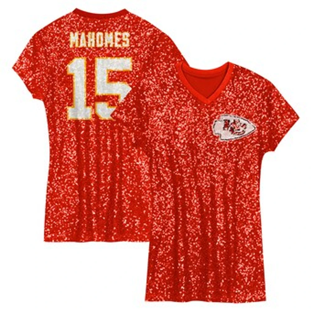 Girls Youth Patrick Mahomes Red Kansas City Chiefs Sequin Player Name & Number V-Neck Dress