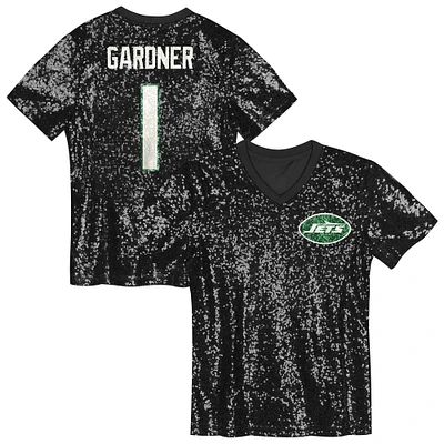 Girls Youth  Sauce Gardner Black New York Jets Sequin V-Neck Fashion Jersey