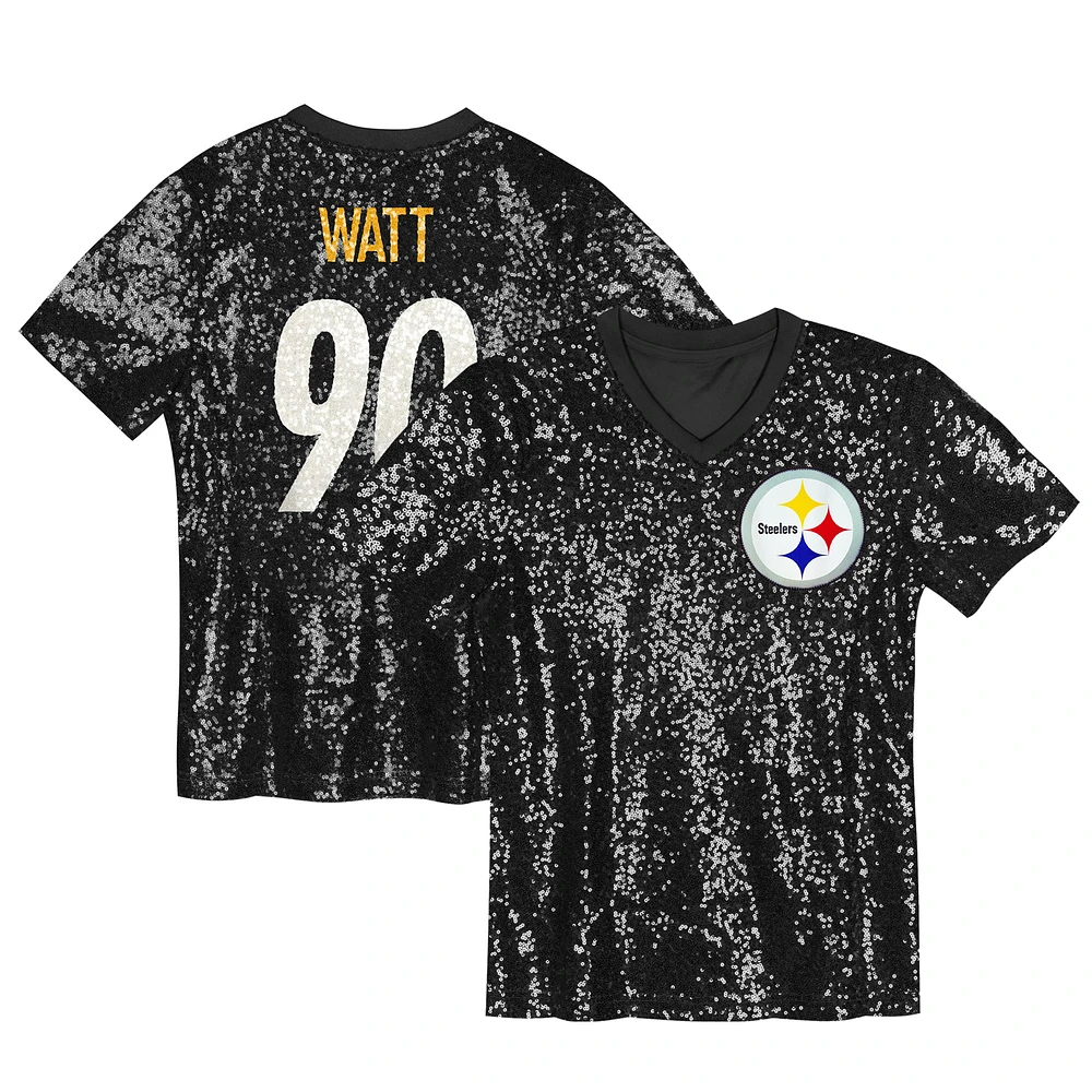 Girls Youth T.J. Watt Black Pittsburgh Steelers Sequin V-Neck Fashion Jersey