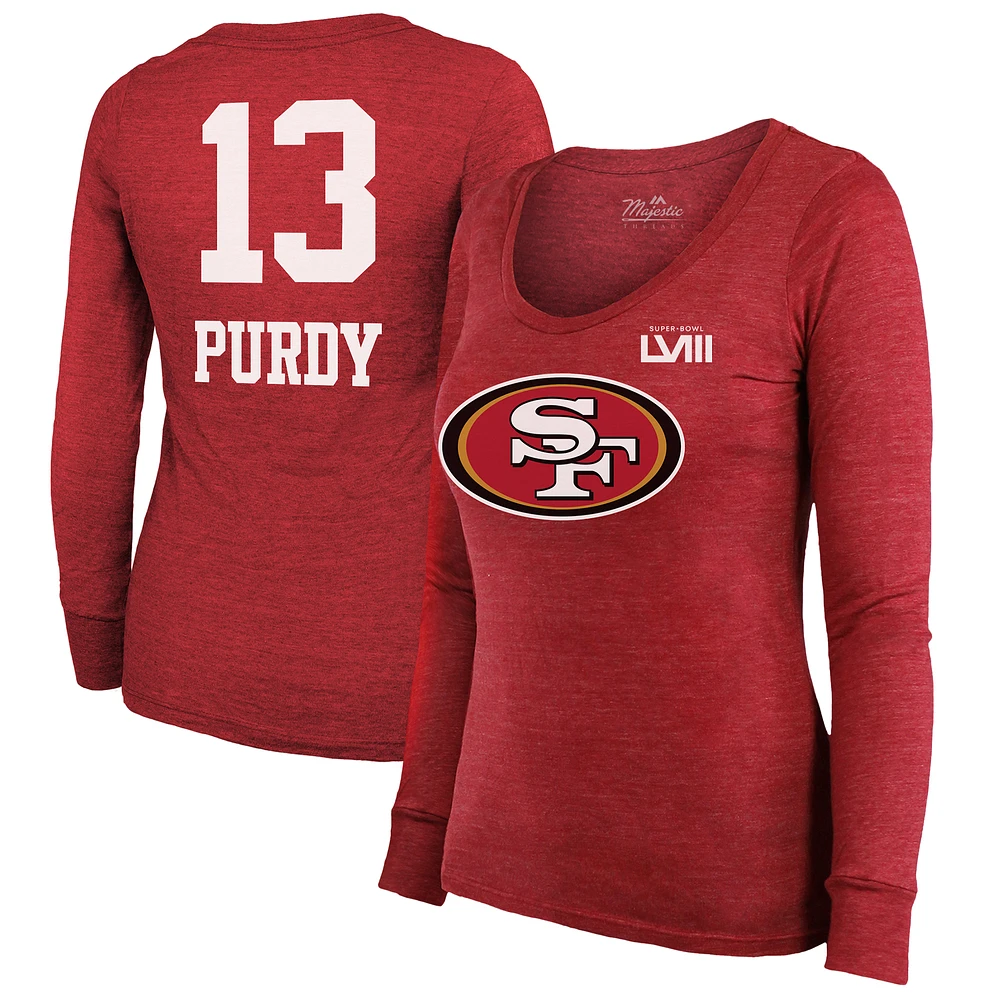 Women's Majestic Threads Brock Purdy Scarlet San Francisco 49ers Super Bowl LVIII Scoop Name & Number Tri-Blend Long Sleeve T-Shirt