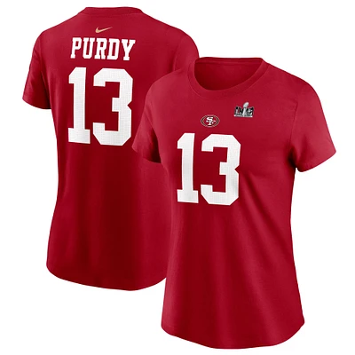 Women's Nike Brock Purdy Scarlet San Francisco 49ers Super Bowl LVIII Patch Player Name & Number T-Shirt