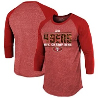 Men's Majestic Threads Scarlet San Francisco 49ers 2023 NFC Champions Tri-Blend Raglan 3/4-Sleeve T-Shirt